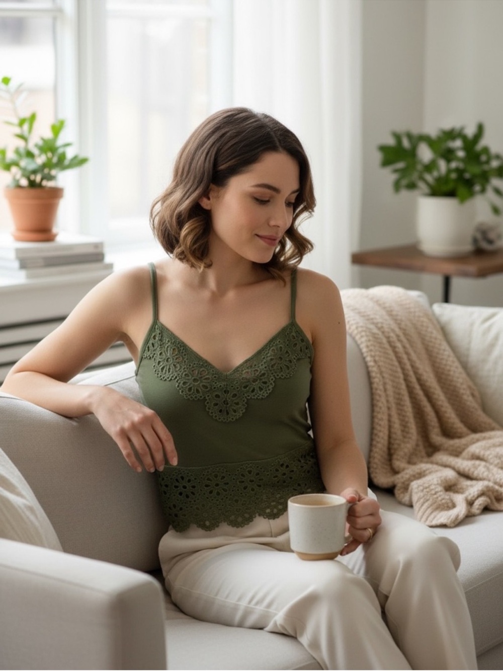 Atmosphere Olive Green Lace Trim Cami Top